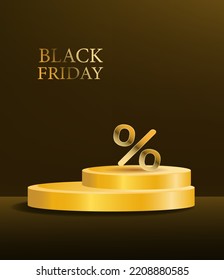 Black friday sale 3d realistic golden podium. Scene with transparent balloons for product demonstration, discounts.