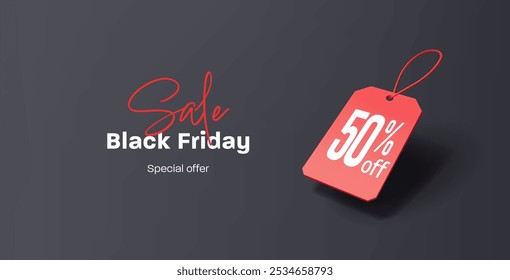 Venta del Black Friday. Etiqueta de Precio realista 3D con descuento de hasta 50 sobre fondo negro. Anuncio para conceptos publicitarios de descuentos especiales de vacaciones. Vector