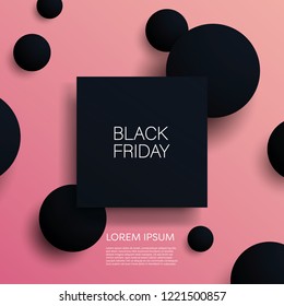 Black friday sale 3d vector illustration banner template with black objects on pink background. Sales promotion, special offers and deals advertising. Eps10 vector illustration.