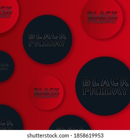 Black friday sale 3d vector illustration banner template with black objects on red background. Sales promotion, special offers and deals advertising.
