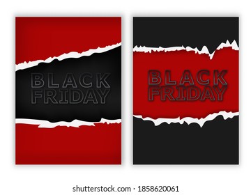 Black friday sale 3d vector illustration banner template with black objects on red background. Sales promotion, special offers and deals advertising.
