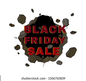 BLACK FRIDAY SALE in 3D word exploded on broken wall, comic style, sign symbol, Vector illustration for promotion advertising.