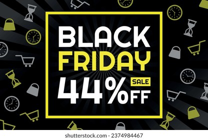 Black Friday Sale 44% off Creative Advertising Banner, Black, White and Yellow, Radial Background, Shop and Limited Time Icons