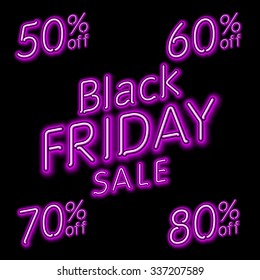 Black Friday Sale 50% 60% 70% 80% retro light frame. Vector illustration neon art