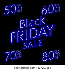 Black Friday Sale 50% 60% 70% 80% retro light frame. Vector illustration neon art