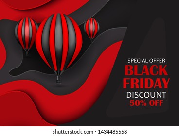 Black Friday Sale -50% discount vector banner with paper cut illustration. Winter sale banner for online shopping, advertising actions, magazines, and websites. 