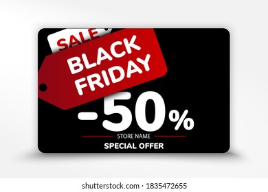 Black Friday sale up to 50%. Horizontal banner for e-commerce. 