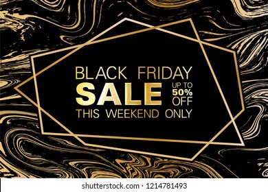 Black Friday Sale up to 50% off banner. Gold marble texture and geometric frame on black background vector luxury design. Gold foil marble pattern texture vip sale poster.