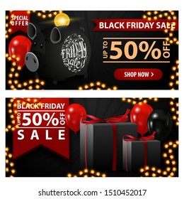 Black friday sale, up to 50% off, two black horizontal discount banner with piggy Bank, balloons and gifts.