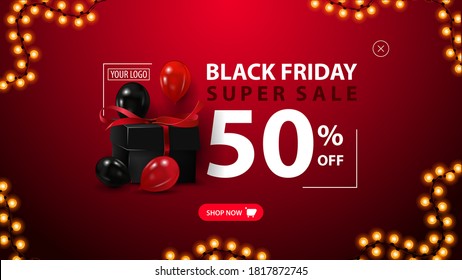 Black Friday Sale, up to 50% off, modern discount banner for your website with black present box, red and black balloons and stylish typographic