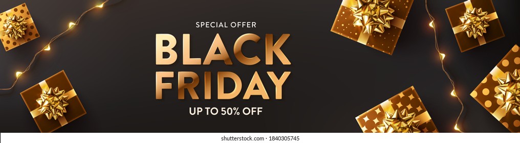 Black Friday Sale 50% off Poster with beautiful gift box for Retail,Shopping or Black Friday Promotion in gold and black style. Black Poster or banner template with dark background and golden text.