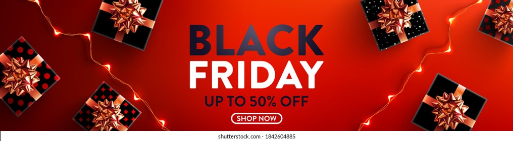 Black Friday Sale 50% off Poster with gift box and LED String lights for Retail,Shopping or Black Friday Promotion in red and black style.Black Poster or banner template with red background