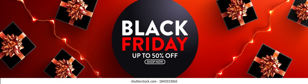 Black Friday Sale 50% off Poster with gift box and LED String lights for Retail,Shopping or Black Friday Promotion in red and black style.Red Poster or banner template with red background