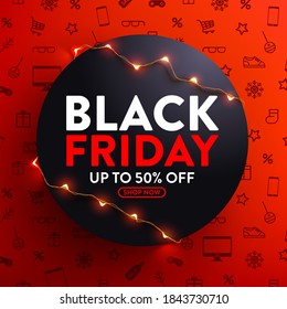 Black Friday Sale 50% off Poster with LED String lights for Retail,Shopping or Black Friday Promotion in red and black style.Red Poster or banner template for social media and website.