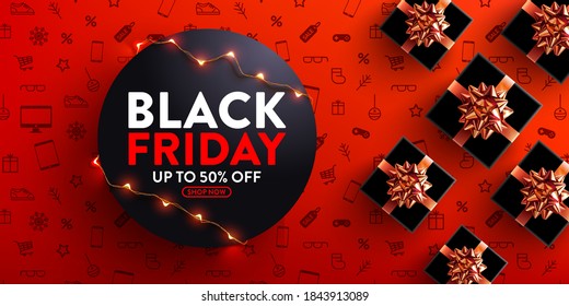 Black Friday Sale 50% off Poster with LED String lights for Retail,Shopping or Black Friday Promotion in red and black style.Red Poster or banner template for social media and website.