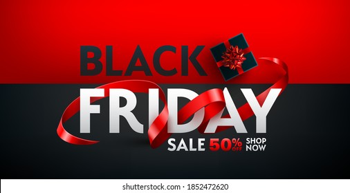 Black Friday Sale 50% off Poster for Retail,Shopping or Promotion with black gift box and red ribbon on red and black backgrounds.Black Friday banner template design.Vector illustration eps 10