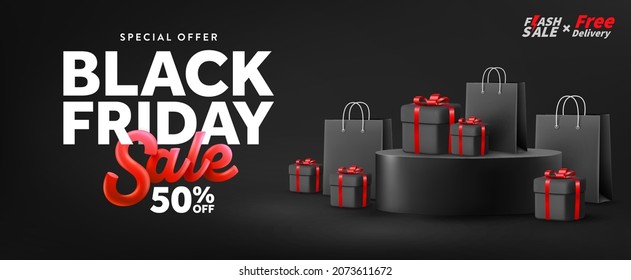 Black Friday Sale 50% off Poster or banner with Black gift box and shopping bag on product podium scene. Black friday day sales banner template design for social media and website