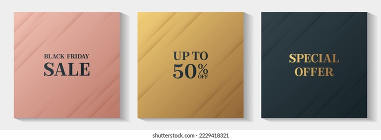 Black Friday sale up to 50% off special offer chic banners vector collection. Pink gold black backgrounds. Stylish chic poster templates for Black Friday, discount special offer text, 50% off banner.