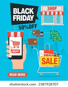 Black friday sale 50% off. Online shopping design flat. Vector illustration
