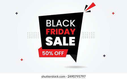 Black Friday Sale 50% Rabatt auf Banner-Vorlage-Design mit weißem Hintergrund und kühnen Schwarz-Rot-Formen, perfekt für auffällige Urlaubsangebote und Rabatte