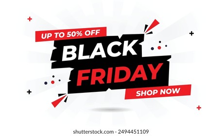 Black Friday Sale Bis zu 50% Rabatt Shop Now Banner Vorlage mit weißem Hintergrund, roten und schwarzen Formen Blickfang Vektorgrafik für Maximale Wirkung Rabatt, Illustration, Angebot, Vektorgrafik, Design, Banner