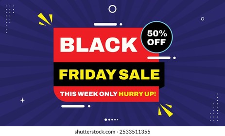 Black Friday Sale - 50% Fora Apenas Esta Semana! Apresse-se e economize grande com o nosso modelo de banner de venda com formas de elemento em branco, vermelho, roxo amarelo gradiente fundo - Oferta de tempo limitado