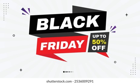 Black Friday Sale - Up to 50% Off! Limited Offer Sale Banner Templates with Element Shapes in Yellow, Red, Purple, and White Gradient Backgrounds. Perfect for Eye-Catching Promotions Discounts