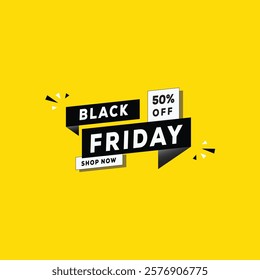 Black Friday sale 50% off banner template design with white background and bold black and red shapes, perfect for eye catching holiday promotions and discounts