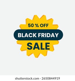 Black friday sale 50 percent off discount offer graphic with yellow starburst shape and dark blue banner