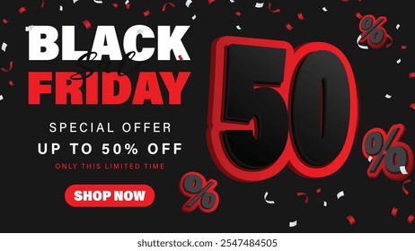 Black Friday sale 50%, special offer, discount flyer on black and red banner template. Vector illustration