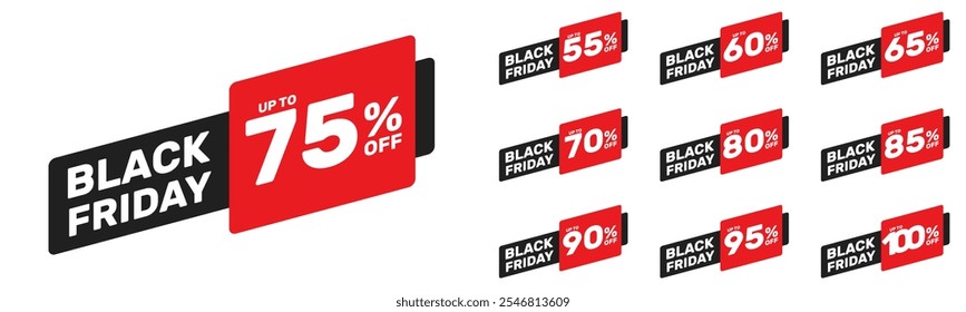 black friday sale up to 55 60 65 70 75 80 85 90 95 100 percent off, vector advertising banner or season discount collection