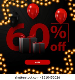 Black friday sale, up to 60% off, discount banner with large numbers 70, gifts and balloons