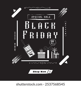 Black Friday Sale 60% off with black background template. black friday vector and illustration design posters and art, gift box, tags, market, deal promo, sale, super, discount, special 2024, buy now.