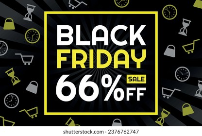 Black Friday Sale 66% off Creative Advertising Banner, Black, White and Yellow, Radial Background, Shop and Limited Time Icons