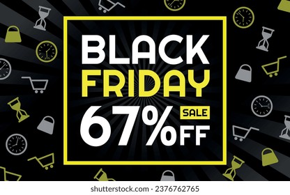 Black Friday Sale 67% off Creative Advertising Banner, Black, White and Yellow, Radial Background, Shop and Limited Time Icons