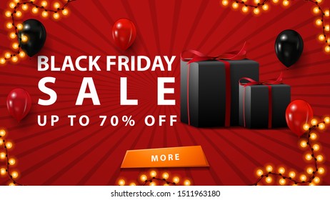 Black friday sale, up to 70% off, discount red banner in minimalistic modern style with balloons and gifts.
