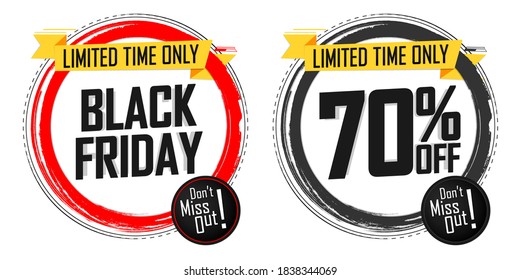 Black Friday Sale, 70% off, banners design template, discount tags, season offers, vector illustration