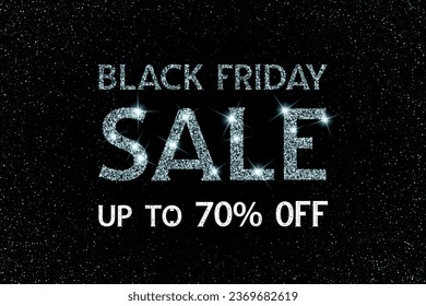 Black Friday Sale 70 percent off discount silver black white banner vector graphic design. 70% off sale typography text. Black background. Business promotion advertising banner