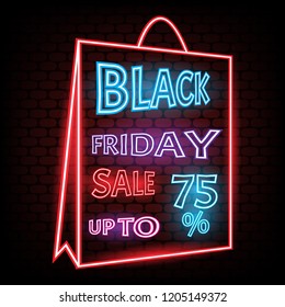 Black Friday Sale up to 75% Neon Poster on black wall background. vector illustration