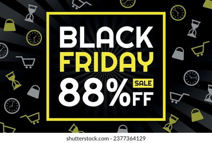 Black Friday Sale 88% off Creative Advertising Banner, Black, White and Yellow, Radial Background, Shop and Limited Time Icons