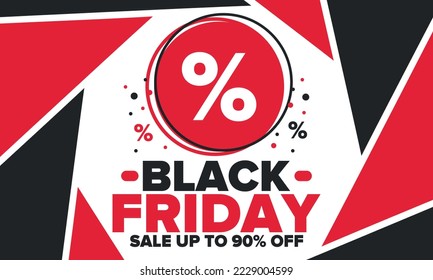 Black Friday. Sale up to 90% off. Biggest sale of the year. Special offer banner. Holiday shopping in United States. Super season deal in November. Discount badge. Creative vector template