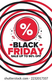 Black Friday. Sale up to 90% off. Biggest sale of the year. Special offer banner. Holiday shopping in United States. Super season deal in November. Discount badge. Creative vector template