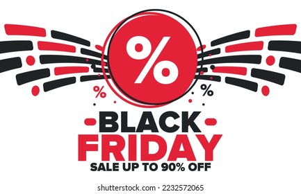 Black Friday. Sale up to 90% off. Biggest sale of the year. Special offer banner. Holiday shopping in United States. Super season deal in November. Discount badge. Creative vector template