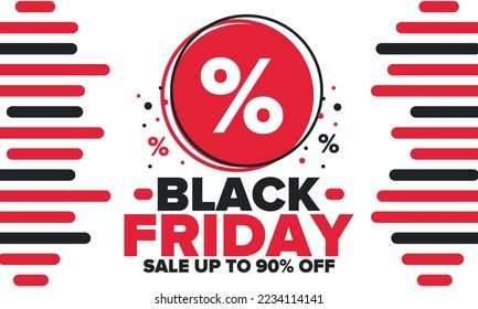 Black Friday. Sale up to 90% off. Biggest sale of the year. Special offer banner. Holiday shopping in United States. Super season deal in November. Discount badge. Creative vector template