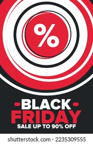 Black Friday. Sale up to 90% off. Biggest sale of the year. Special offer banner. Holiday shopping in United States. Super season deal in November. Discount badge. Creative vector template