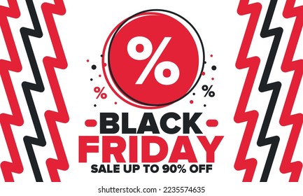 Black Friday. Sale up to 90% off. Biggest sale of the year. Special offer banner. Holiday shopping in United States. Super season deal in November. Discount badge. Creative vector template