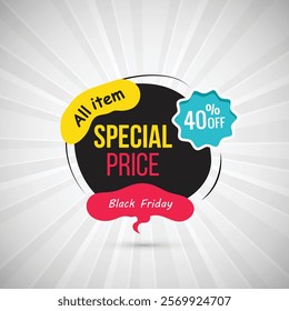 Black Friday Sale Abstract Banner Up to 40% Off Special Price for Limited Discounts with Stunning Element Shapes Templates in Yellow, Black, Blue and pink Perfect Sale Backgrounds for Your Designs.