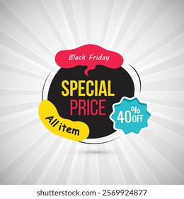 Black Friday Sale Abstract Banner Up to 40% Off Special Price for Limited Discounts with Stunning Element Shapes Templates in Yellow, Black, Blue and pink Perfect Sale Backgrounds for Your Designs.