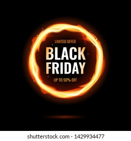 Black Friday Sale With Abstract Burning Fire Circle. Vector Banner For Special Offer With Realistic Frame Fire Graphic.