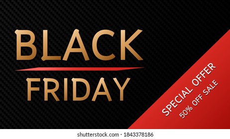 Black friday sale abstract carbon fiber background with text "Special offer 50% off sale", Vector Banner for shop.